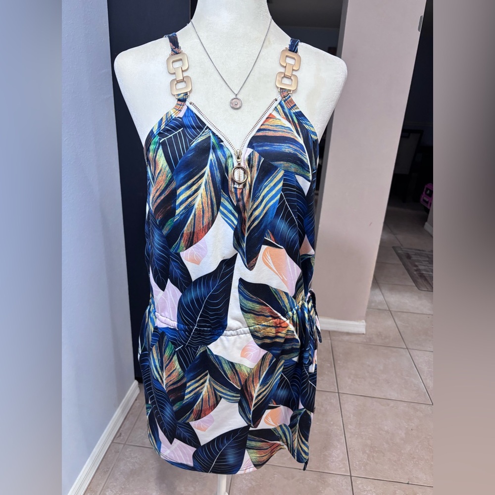 Tropical Leaf Print Halter Dress